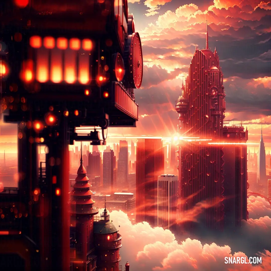 City with a clock tower in the middle of the clouds and a sunset in the background with a red glow
