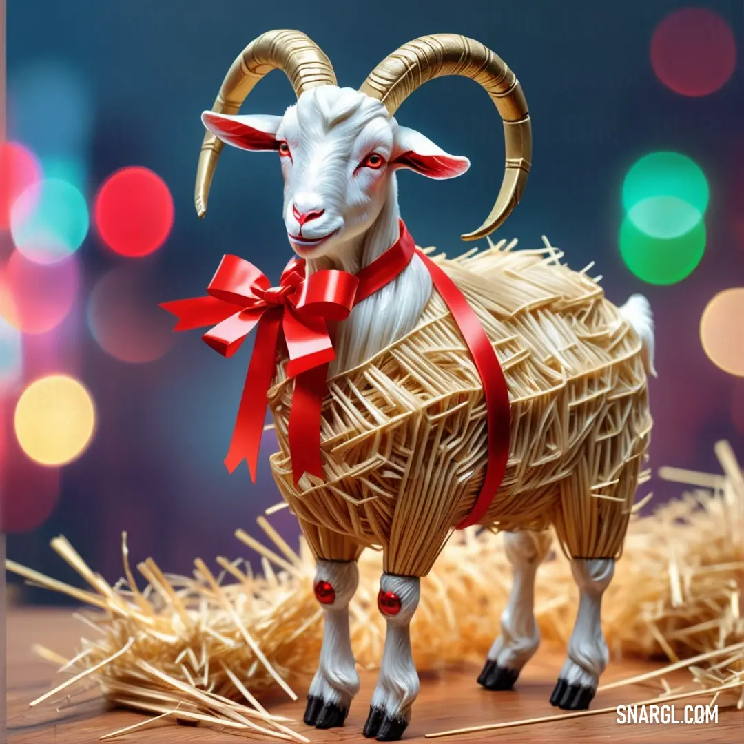 Goat made out of straw with a red ribbon around its neck. Color CMYK 0,100,100,0.