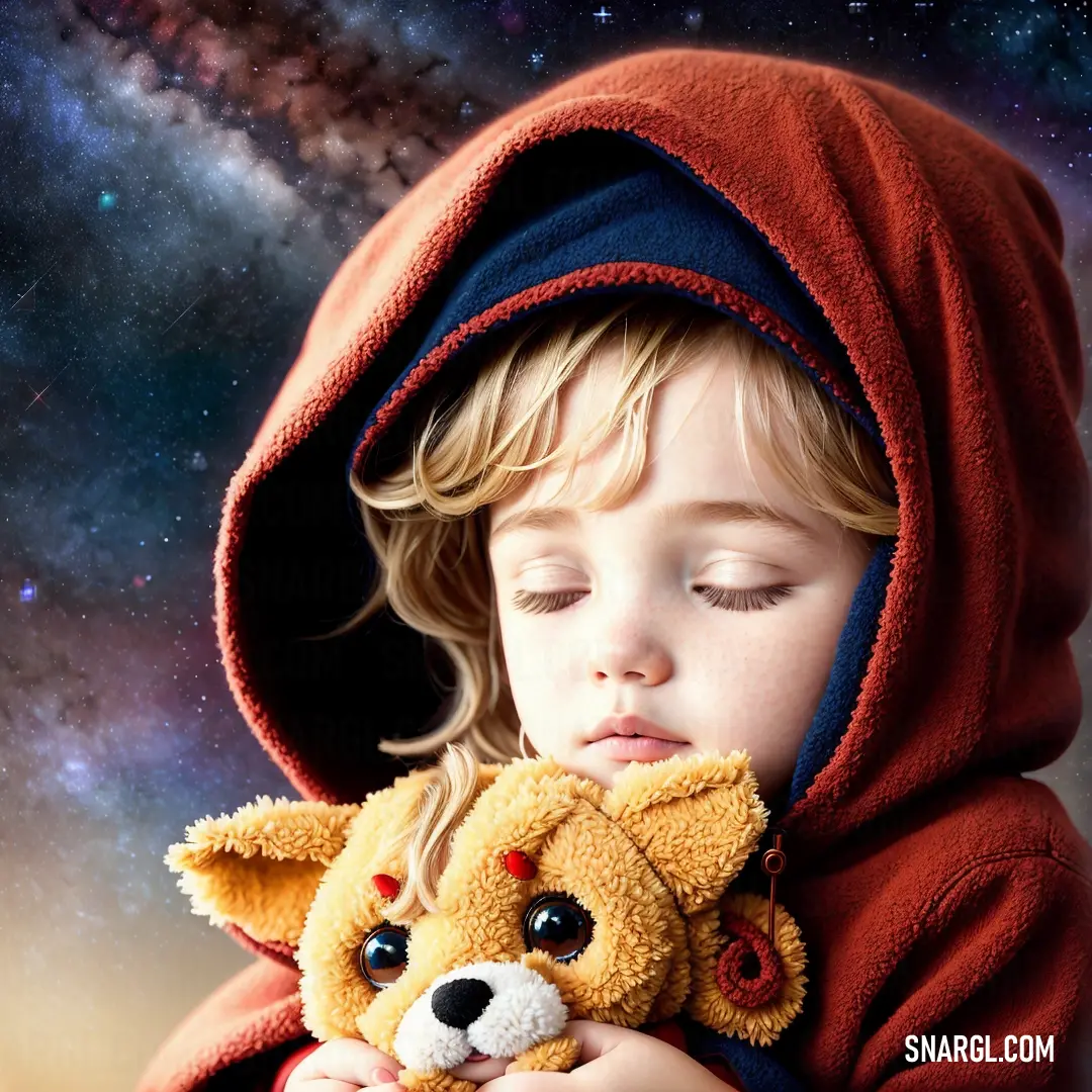 Little girl holding a stuffed animal in her hands and a space background with stars in the sky behind her