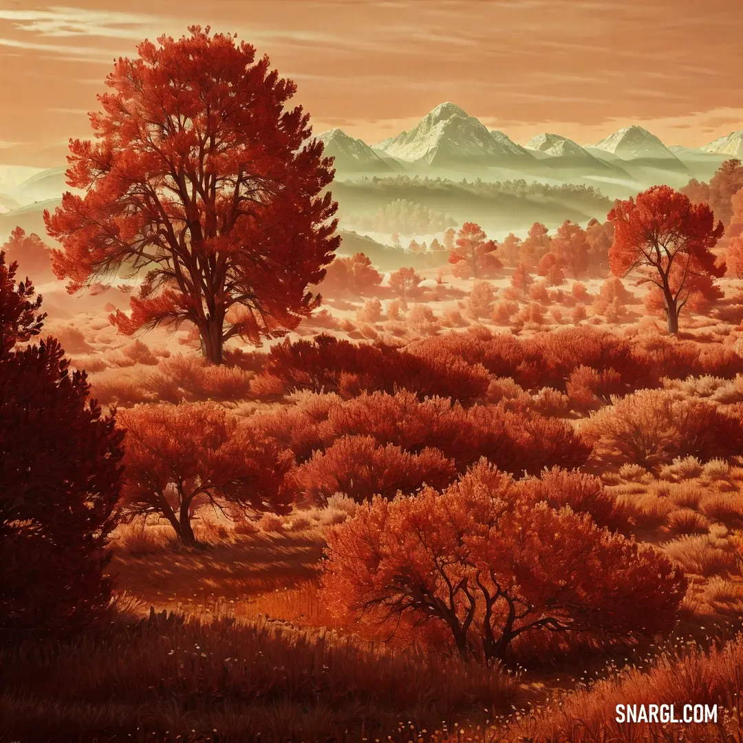 Painting of a landscape with trees and mountains in the background with a sunset in the distance with a red sky