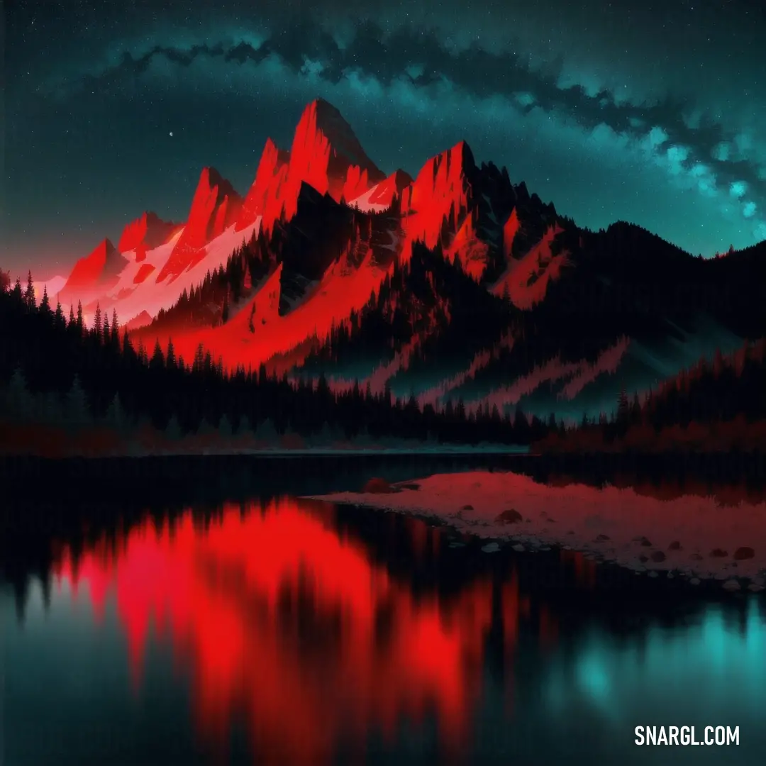 Painting of a mountain range with a lake in front of it and a red sky above it with stars and clouds