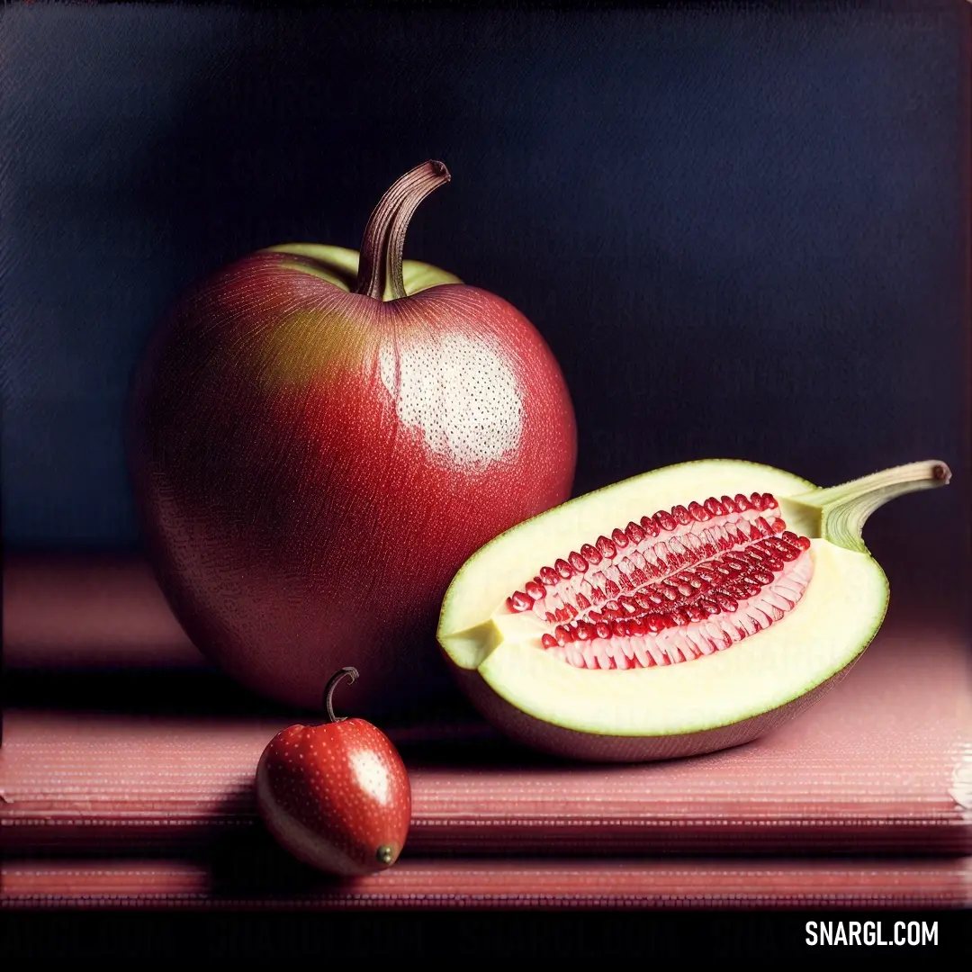 Painting of a red apple and a half of a pomegranate on a table top