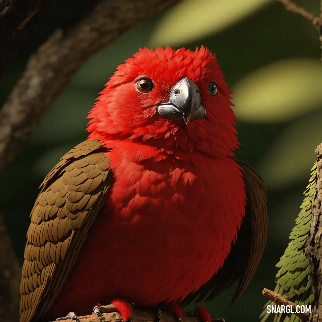 Red bird with a brown and brown beak on a branch of a tree with pine cones in the background
