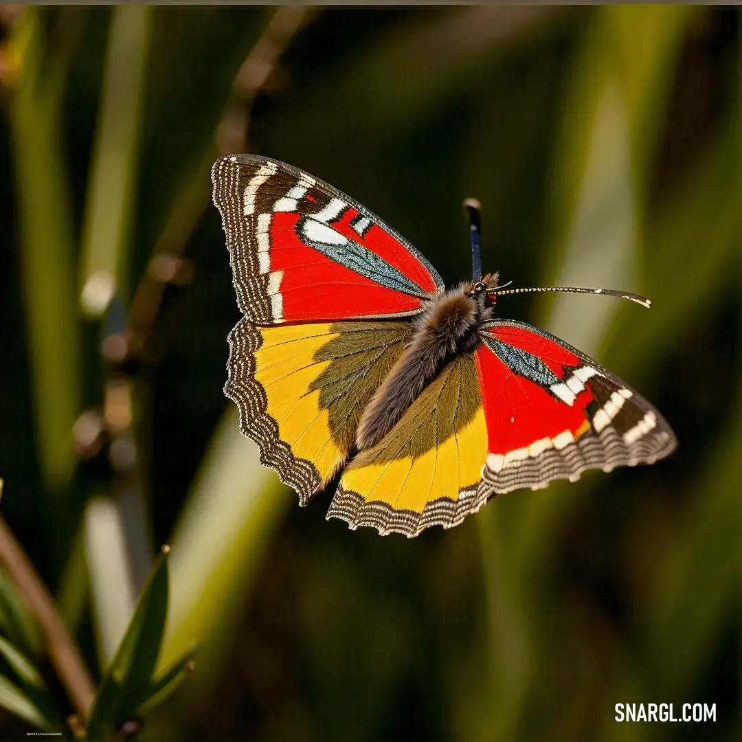 Butterfly with a red, yellow and black wing on a plant with green leaves in the background. Example of Red color.