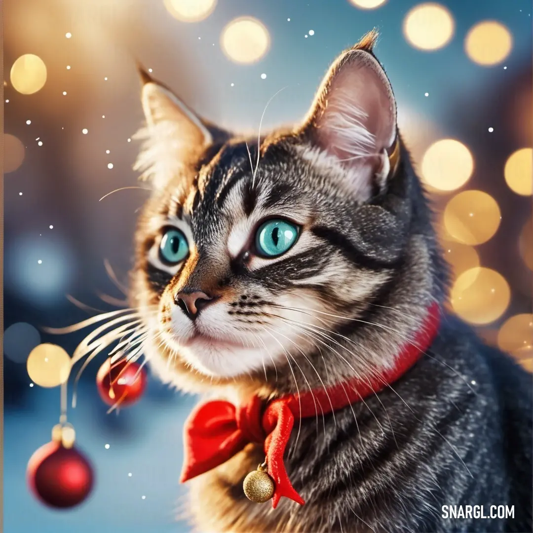 Cat with a red bow tie and a christmas ornament on its neck and a blue background. Color Red.