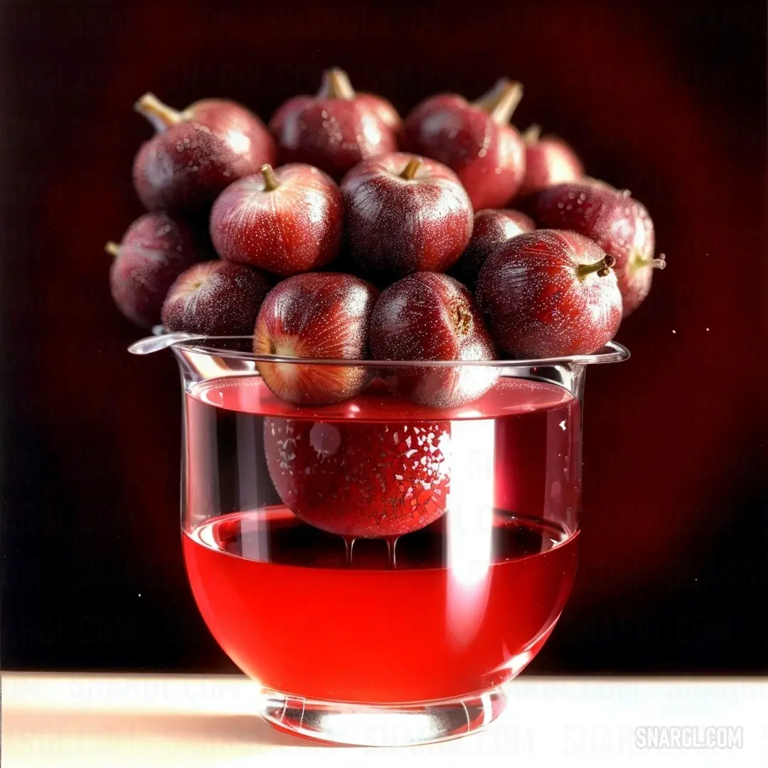 Glass of red liquid with a bunch of apples in it on a table top next to a red background. Example of RGB 255,0,0 color.