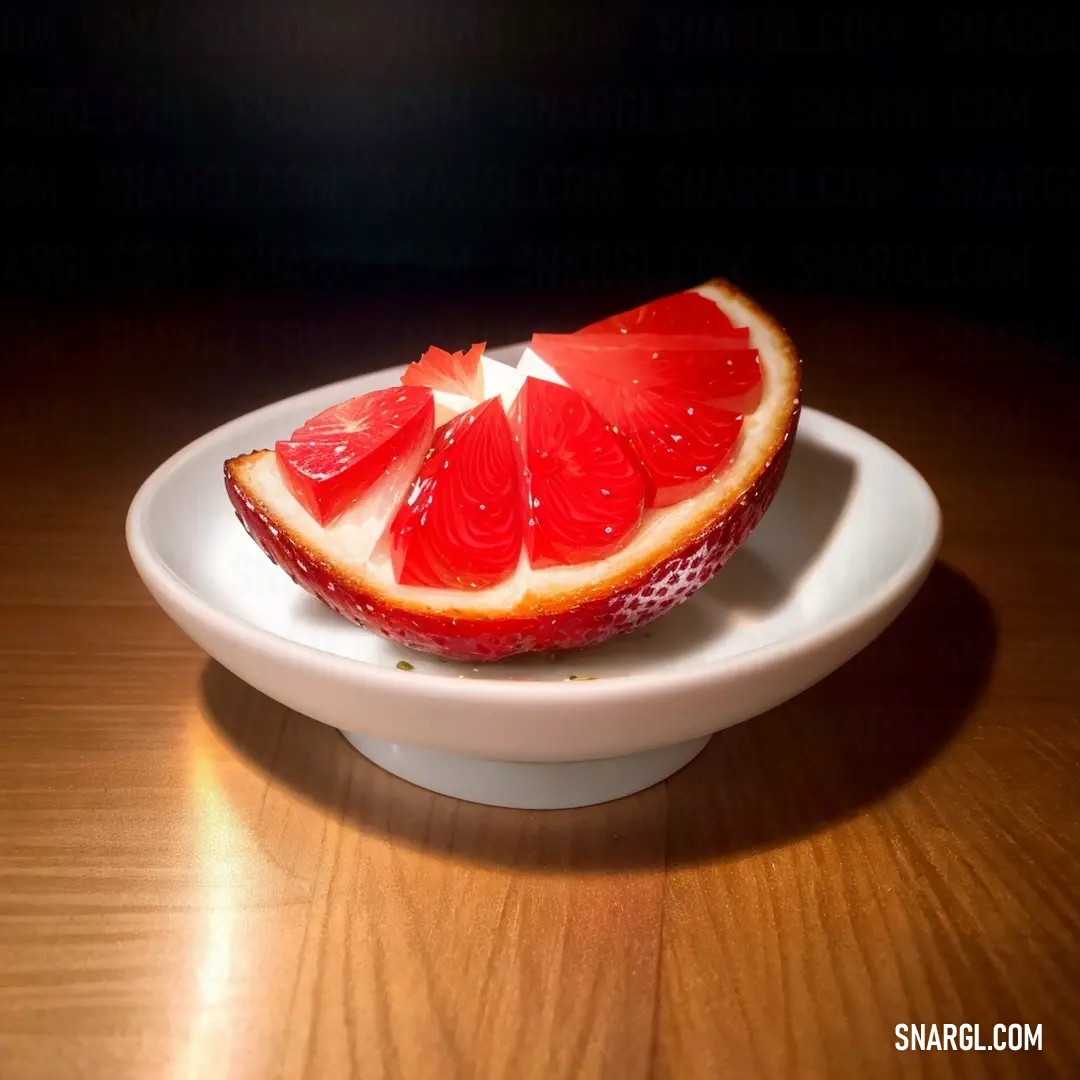 Plate of sliced up fruit on a table top with a black background. Example of Red color.