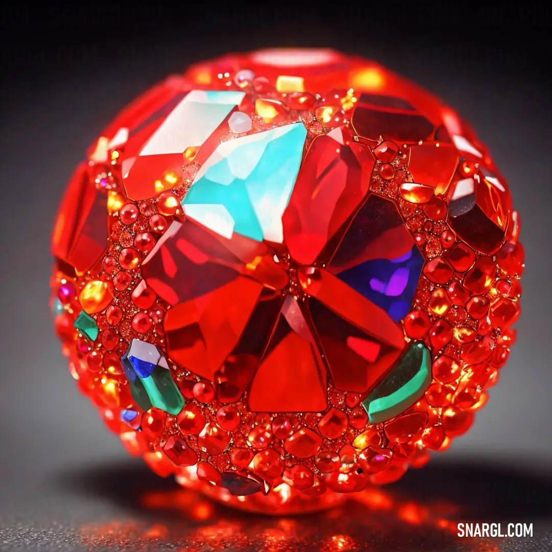 Red jeweled object with many colors on it's surface