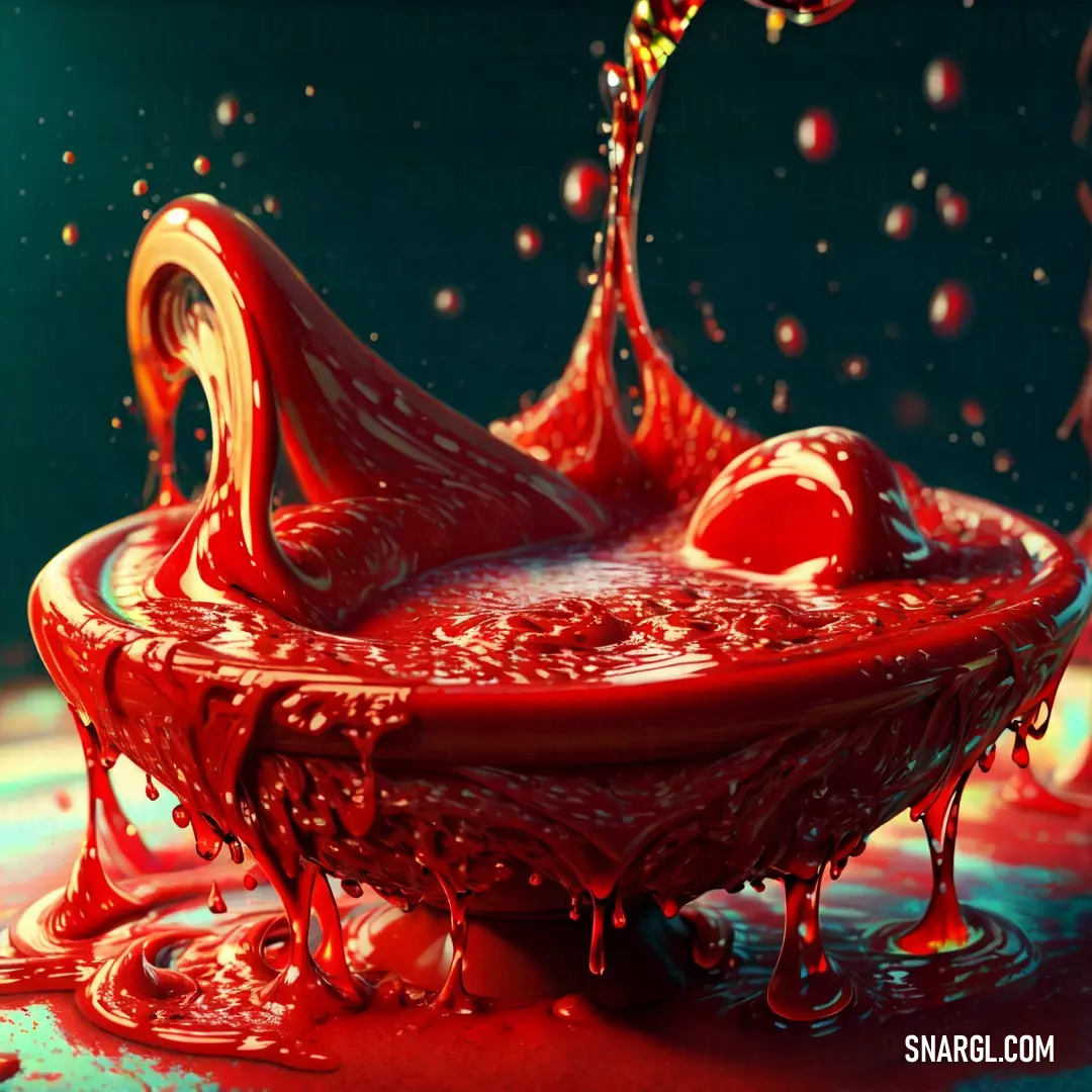 Red liquid pouring into a bowl with a spoon in it and a green background with a red swirl