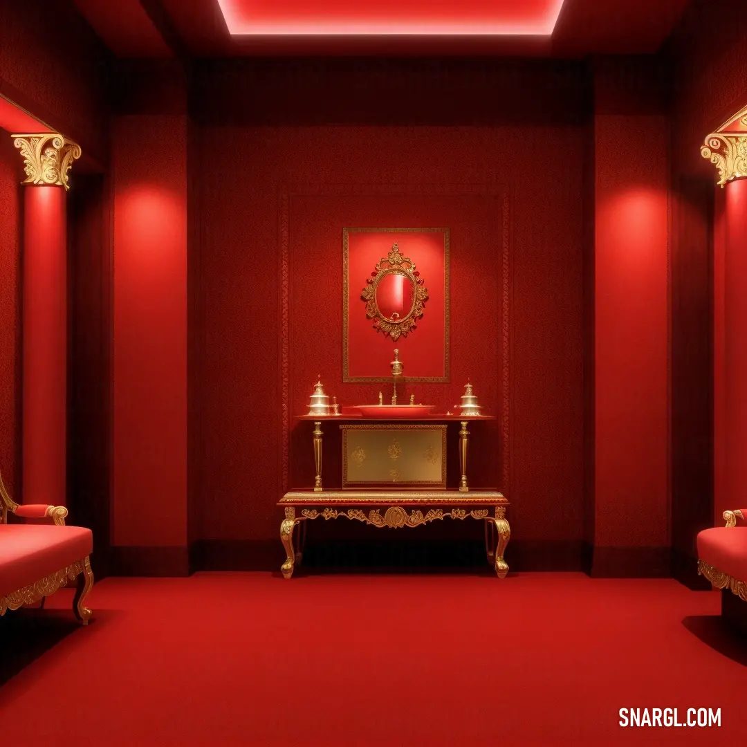 Red room with a gold table and red walls and a red carpet