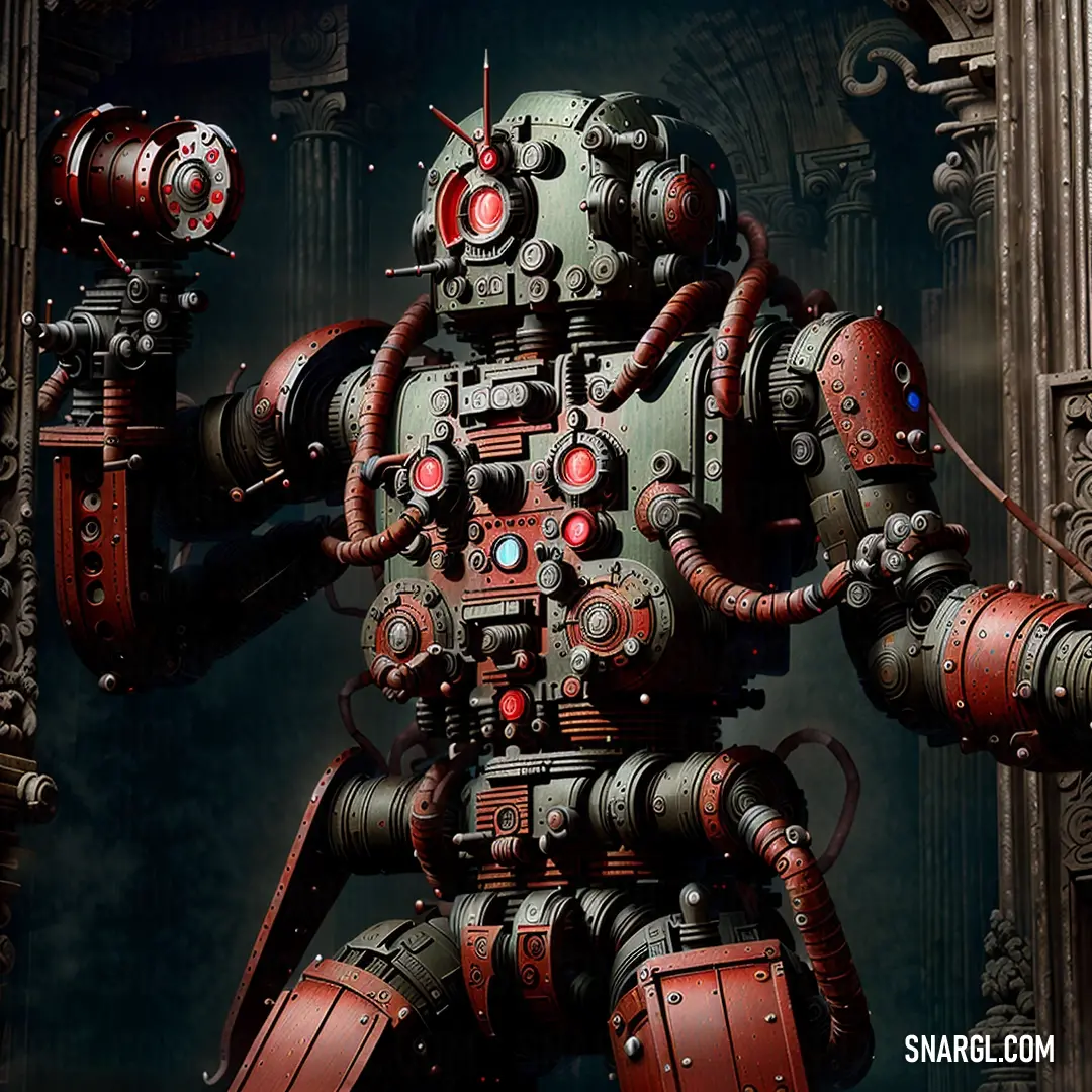 Robot with red eyes and a large body of metal parts on it's body