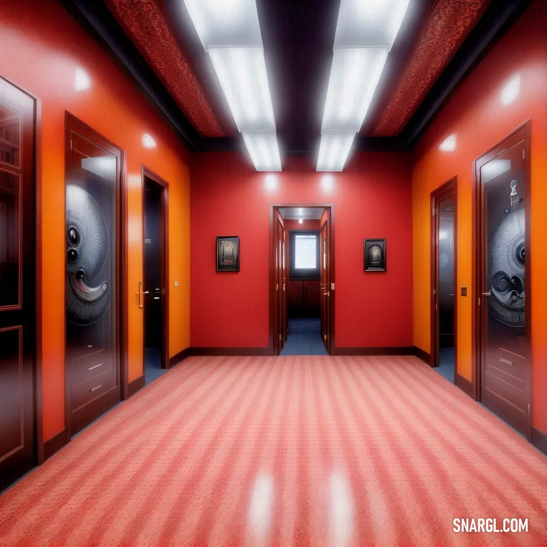 Room with red walls and a red floor with a red checkered floor and red walls and doors