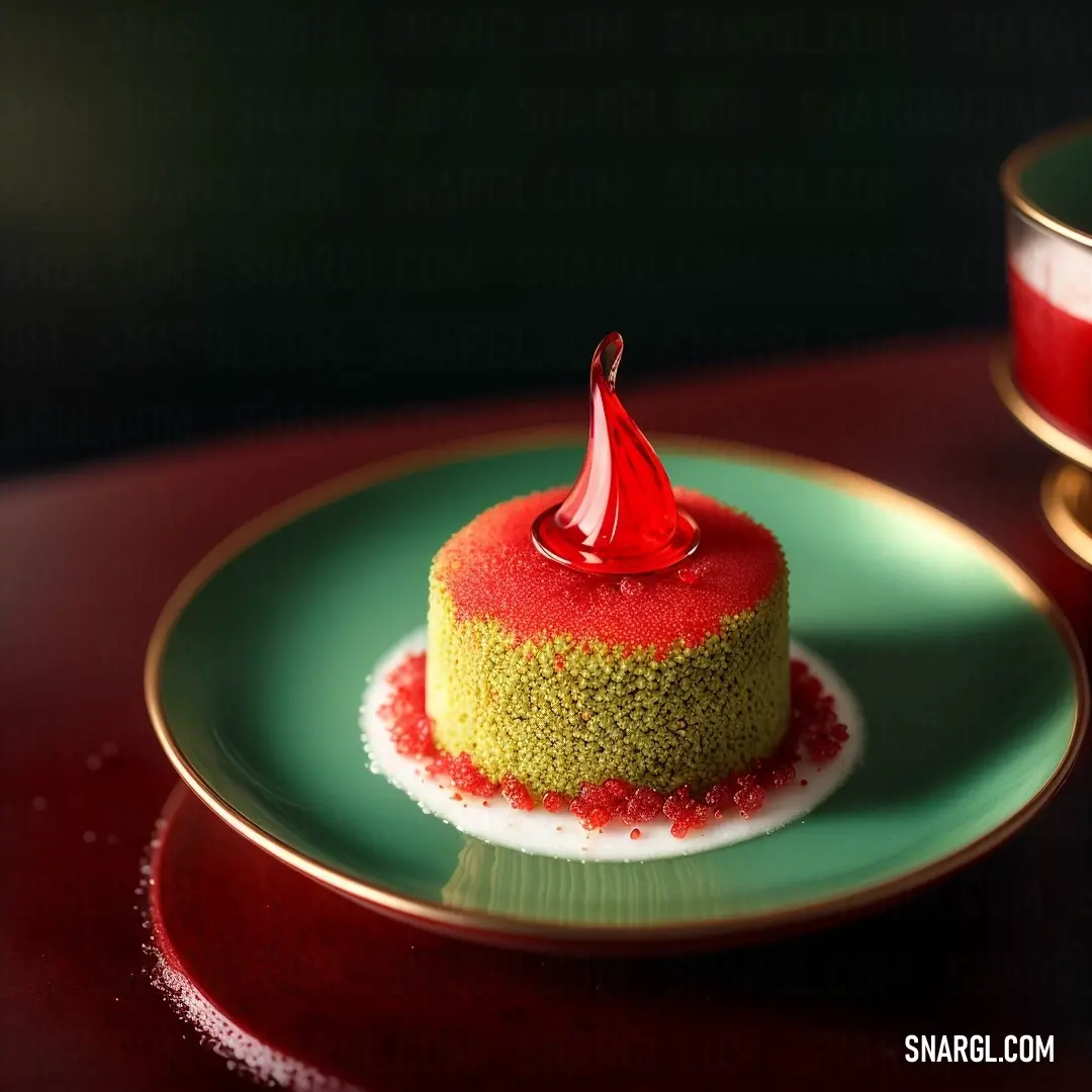 Small cake on a plate with a red saucer in the background. Color Red.