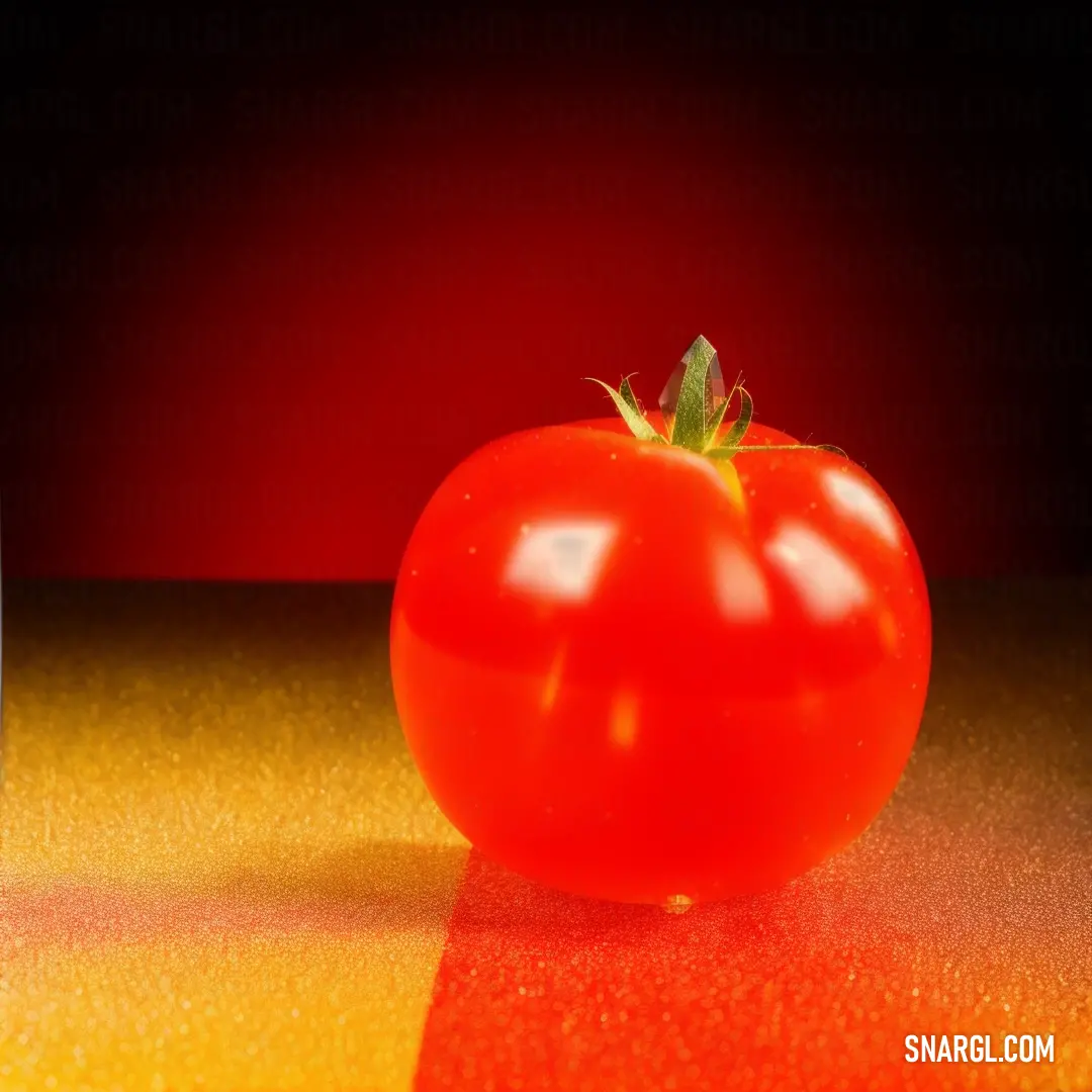 Tomato on a table with a red background behind