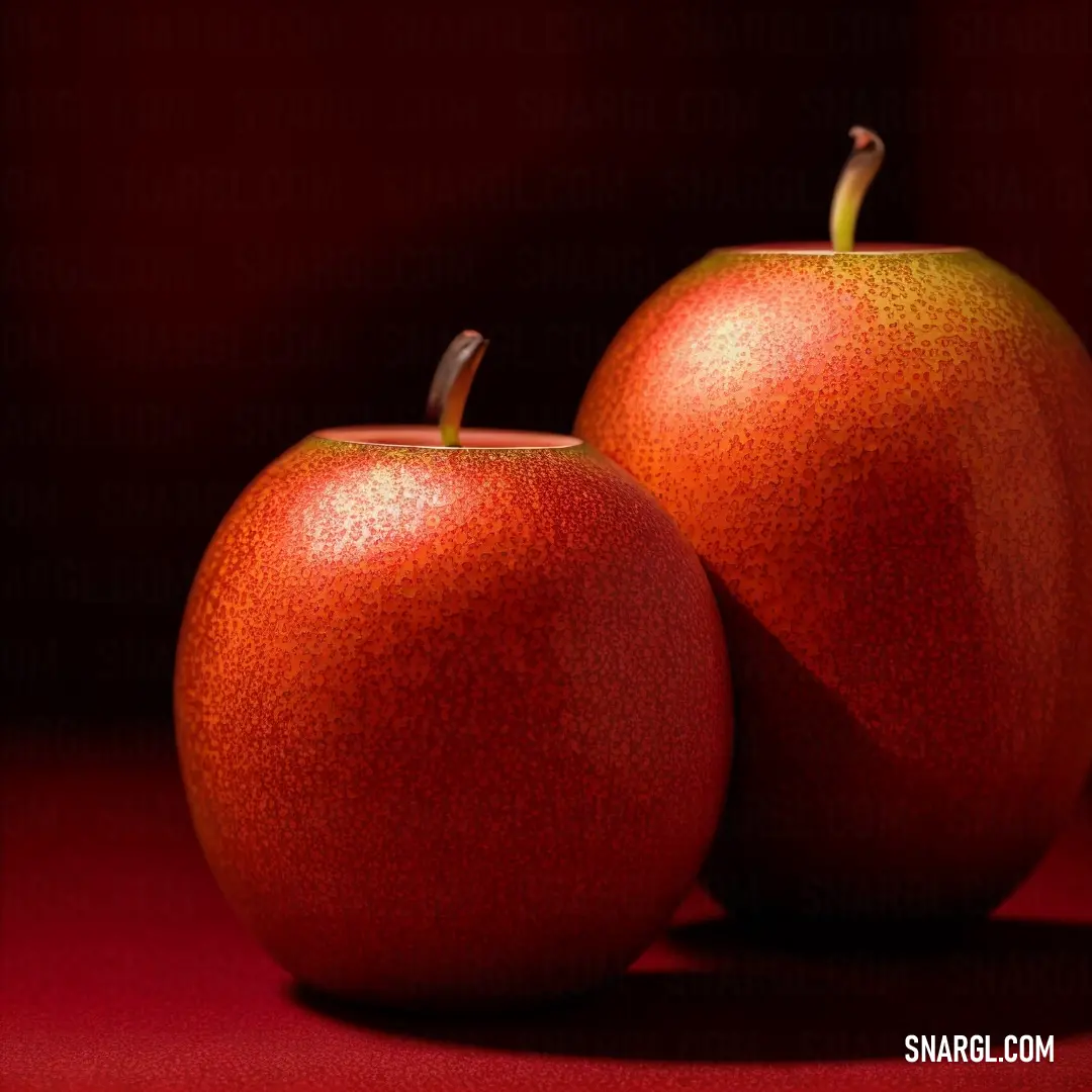Two apples side by side on a red surface with a red background