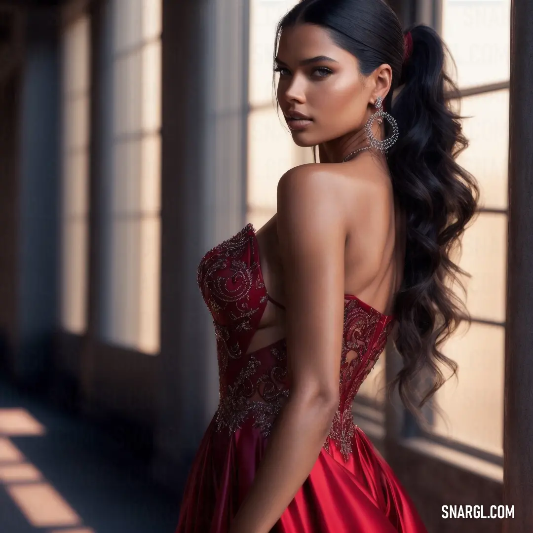 Woman in a red dress standing in front of a window with her back turned to the camera and wearing large earrings