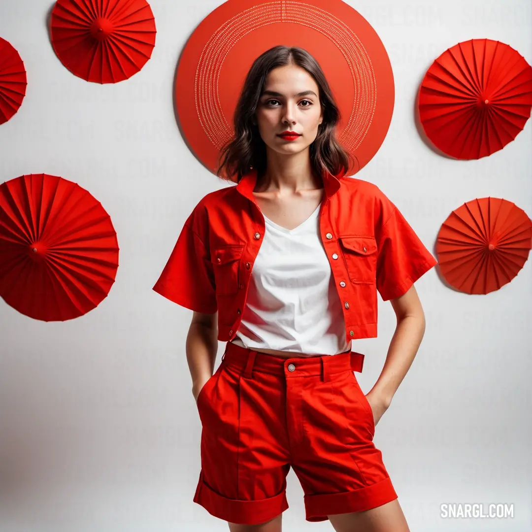 Woman in a red shirt and shorts standing in front of red paper fans and a white wall with red circles. Color #FF0000.