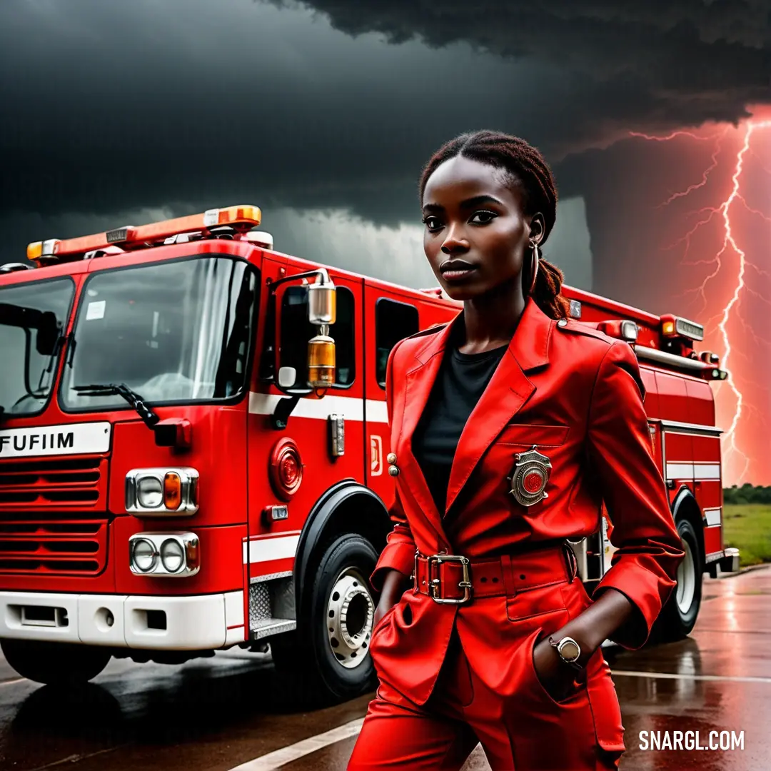 Red color example: Woman in a red suit standing in front of a fire truck with a lightning in the background and a black cloud