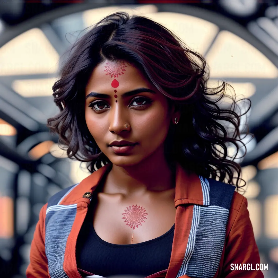 Woman with a red nose ring and a red and blue jacket on her head and a red and white sun tattoo on her chest