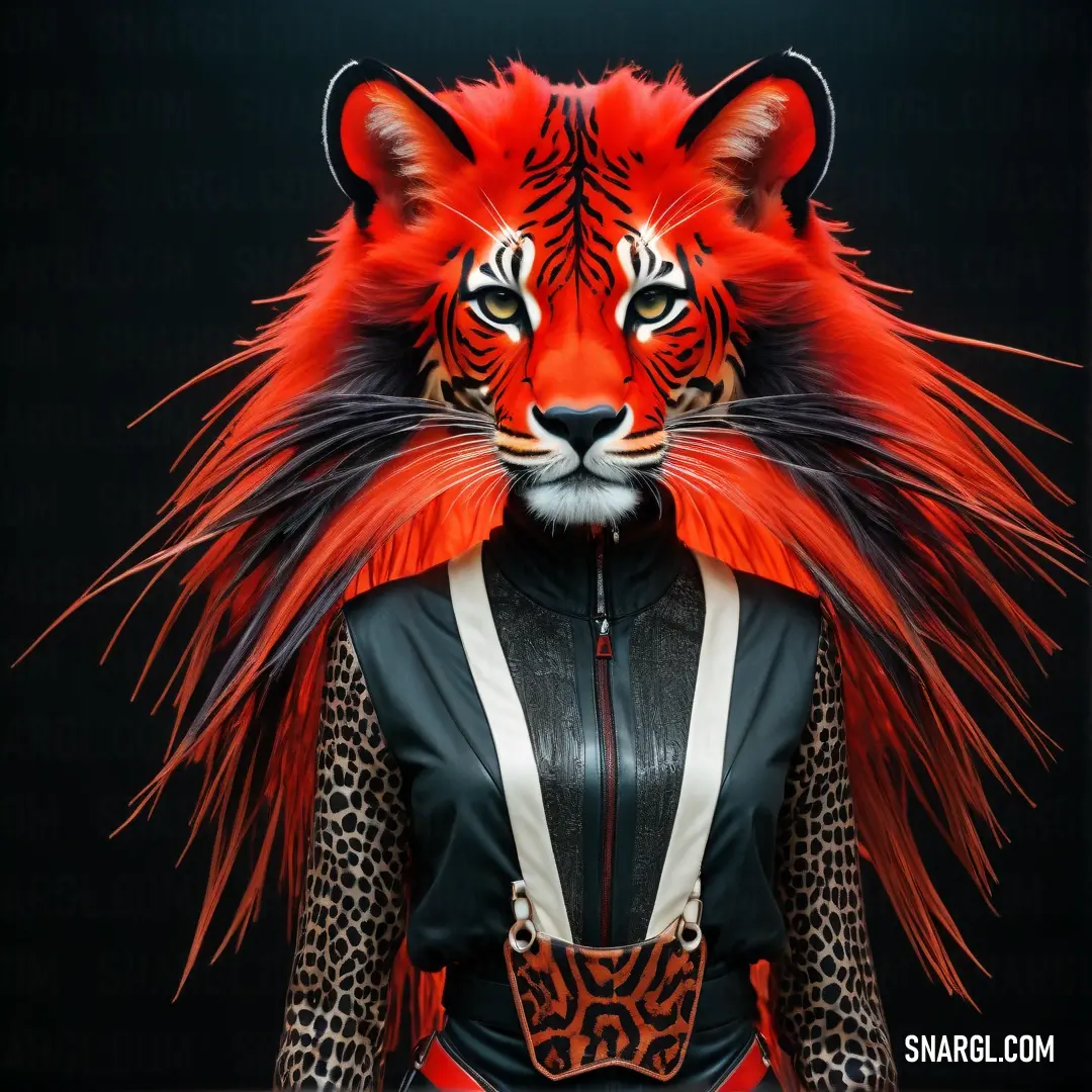 Red color. Woman with a tiger mask on her head