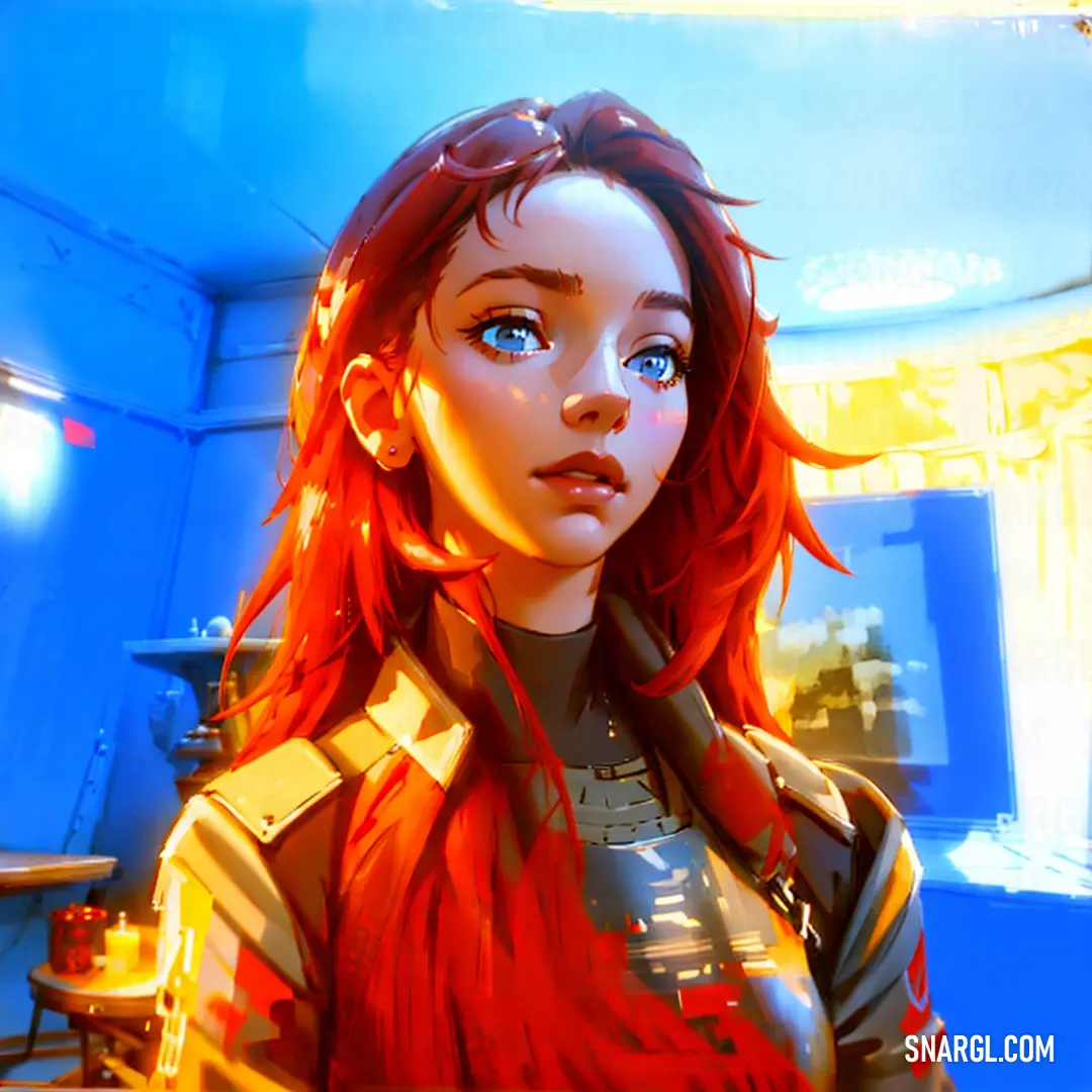 Woman with red hair and blue eyes in a room with a blue wall and a blue ceiling and a blue light. Color CMYK 0,100,100,0.