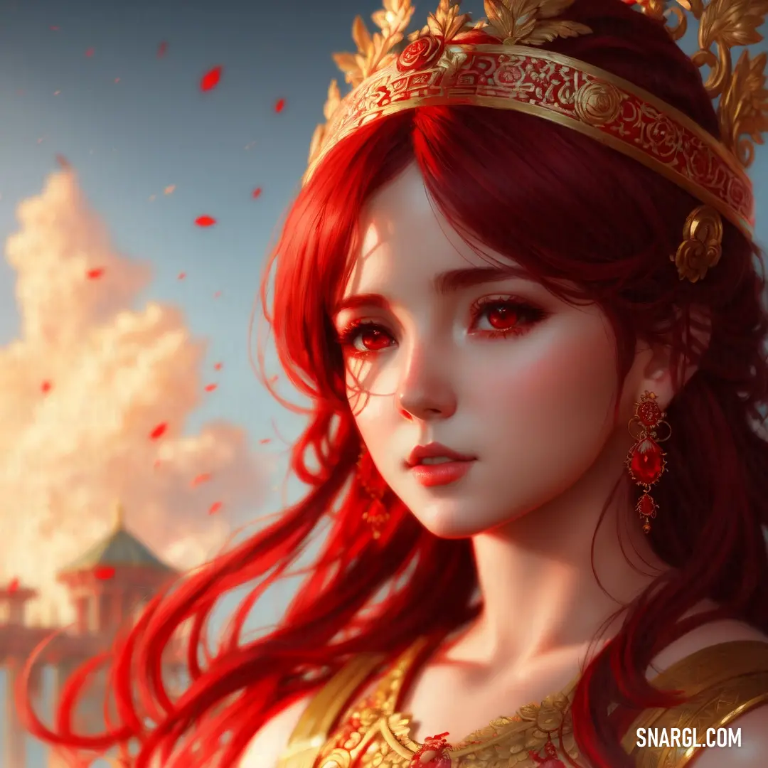 Woman with red hair wearing a crown and a tiara with a castle in the background