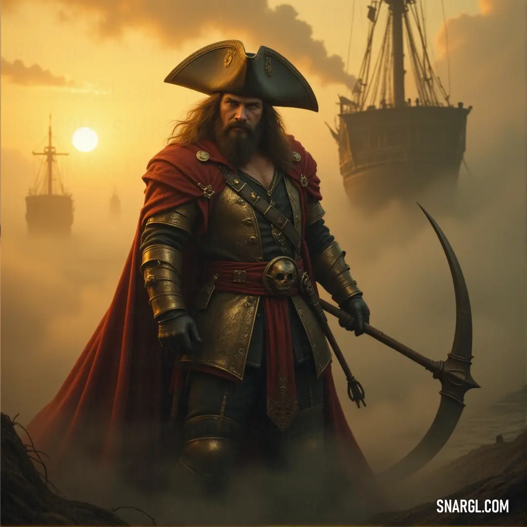 Redd, the pirate, stands tall with sword raised on his ship's deck, a fearless protector of his crew ready for any confrontation on the open ocean. A pirate named Redd stands fiercely on the deck of his ship, sword in hand, the ship's sails billowing behind him. His focused expression and commanding stance show he's ready to defend his crew and fight for their freedom on the open seas.