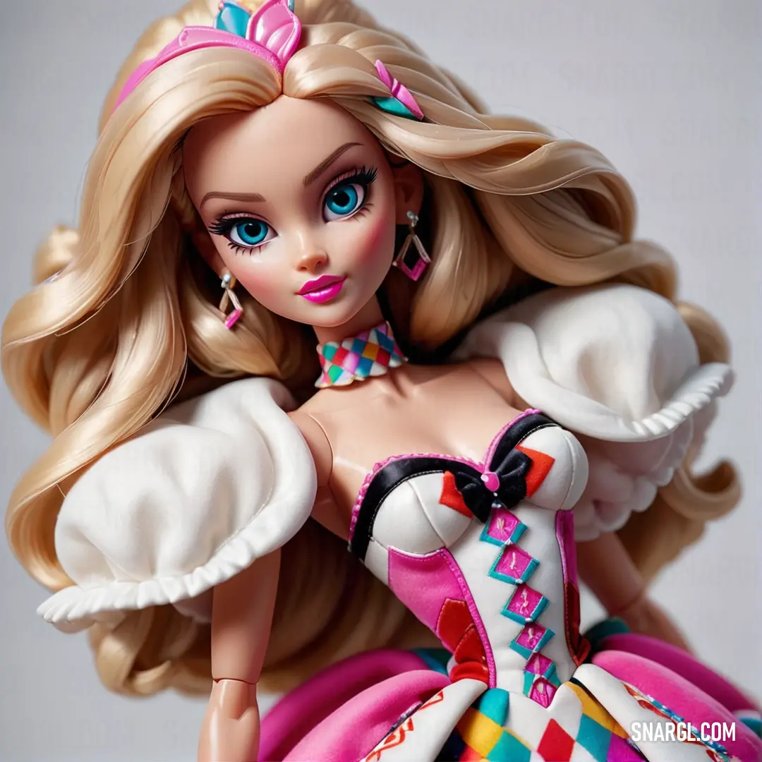 Doll with blonde hair and blue eyes wearing a dress and a tiara with a bow on her head