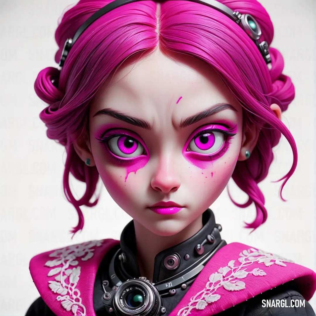 Doll with pink hair and a pink outfit with a camera in her hand and a pink hair and makeup. Color CMYK 0,89,33,22.