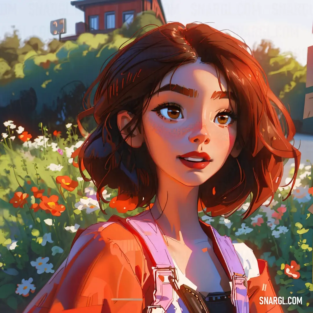 Girl with a camera in a field of flowers and a house in the background with a red roof