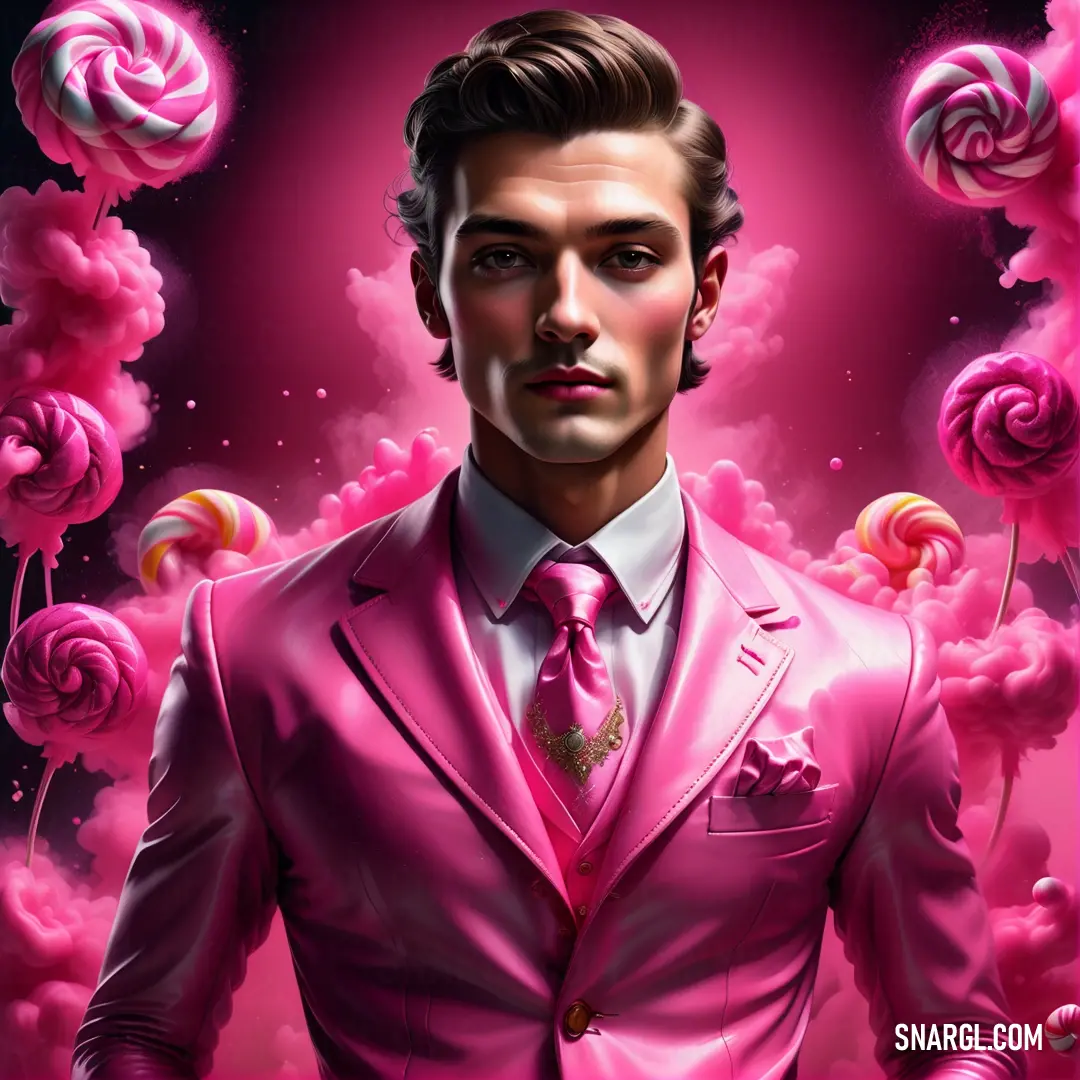 Man in a pink suit and tie with roses around him and a pink background
