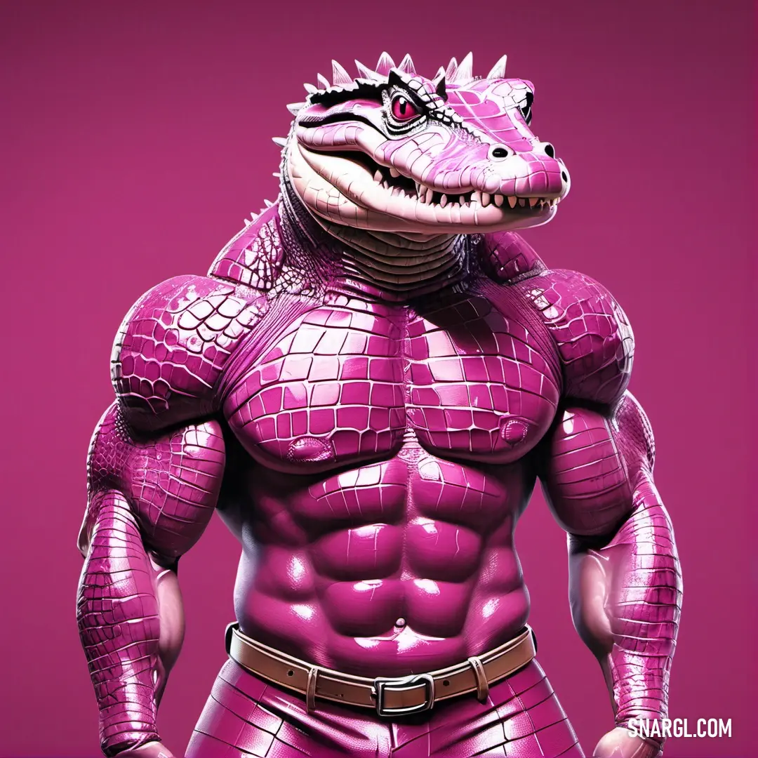 Man in a purple suit with a large alligator head on his chest and a pink background with a pink backdrop. Example of #C71585 color.