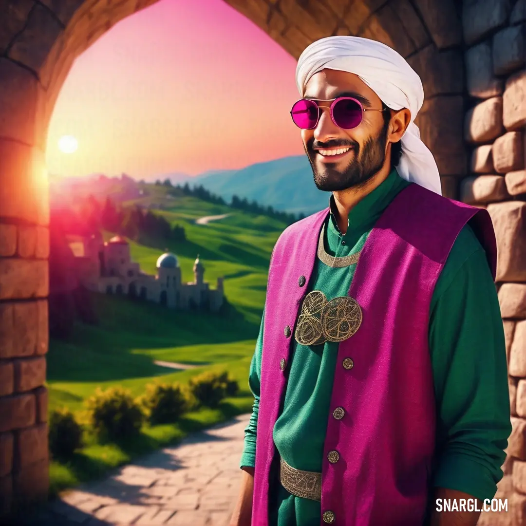 Man in a turban and sunglasses standing in a doorway with a view of a green valley. Example of #C71585 color.