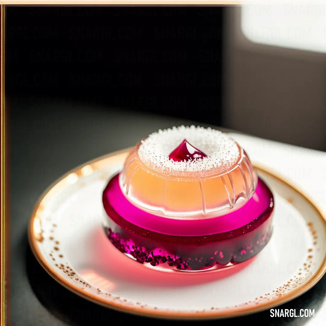 Pink and white plate with a pink and gold dish on it and a pink and white dish on top. Color #C71585.