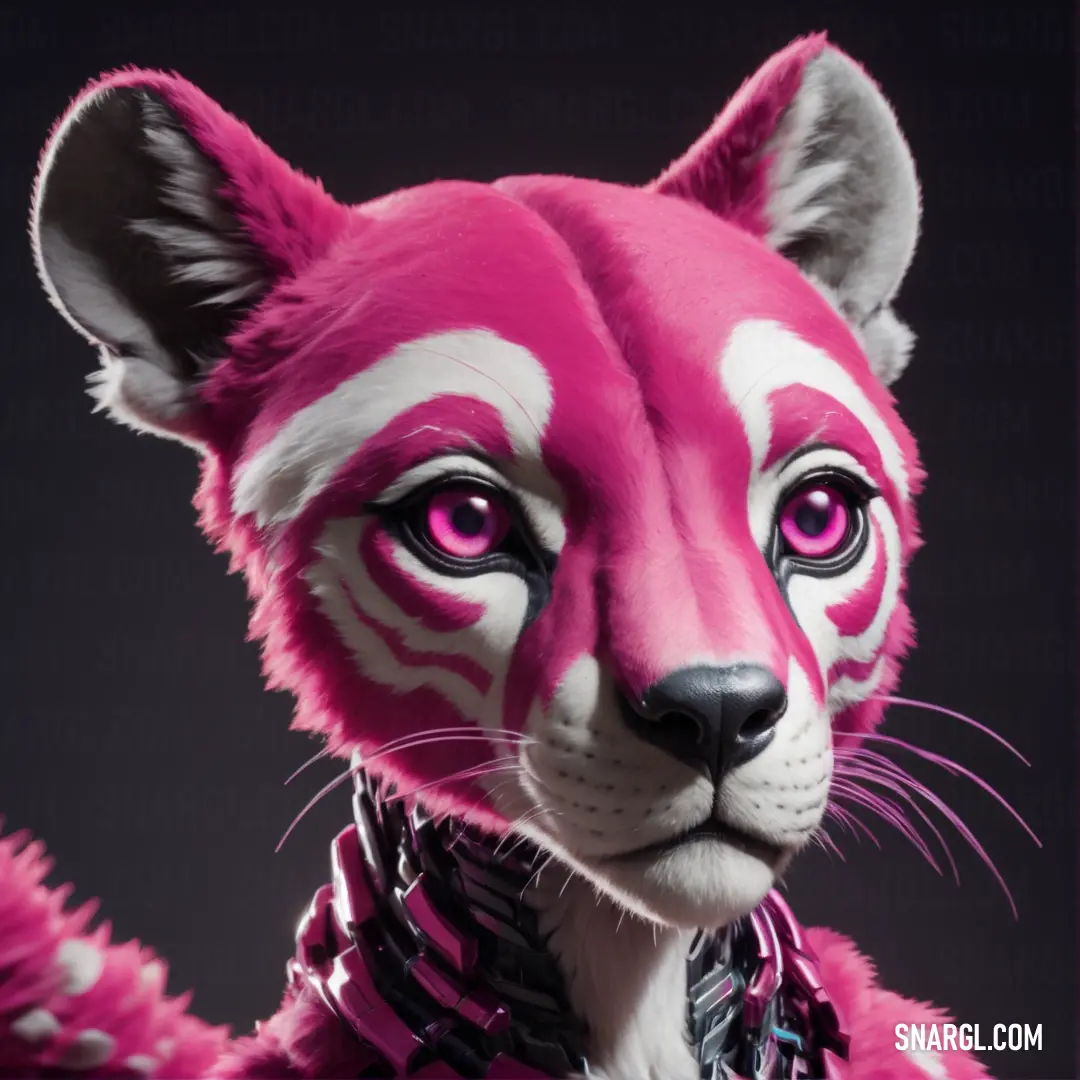 Pink and white tiger with pink eyes and a collar on its neck and chest. Example of RGB 199,21,133 color.