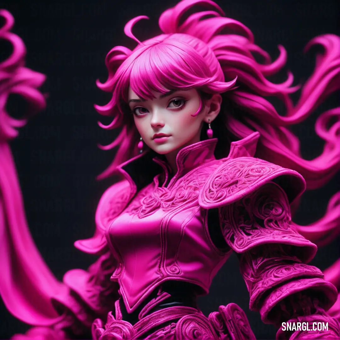 Pink doll with a pink outfit and pink hair and a black background