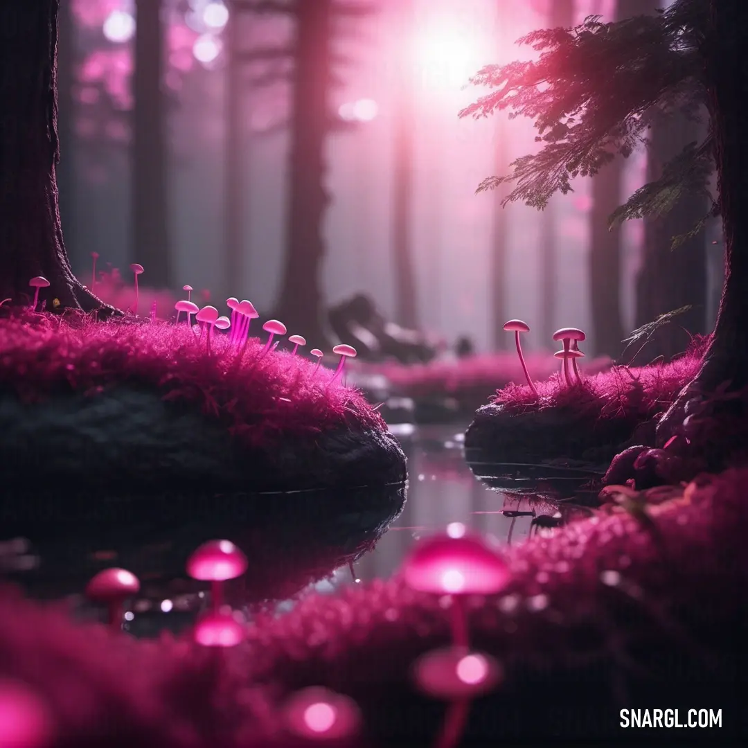 Pink forest with mushrooms and a stream of water in the foreground. Example of #C71585 color.