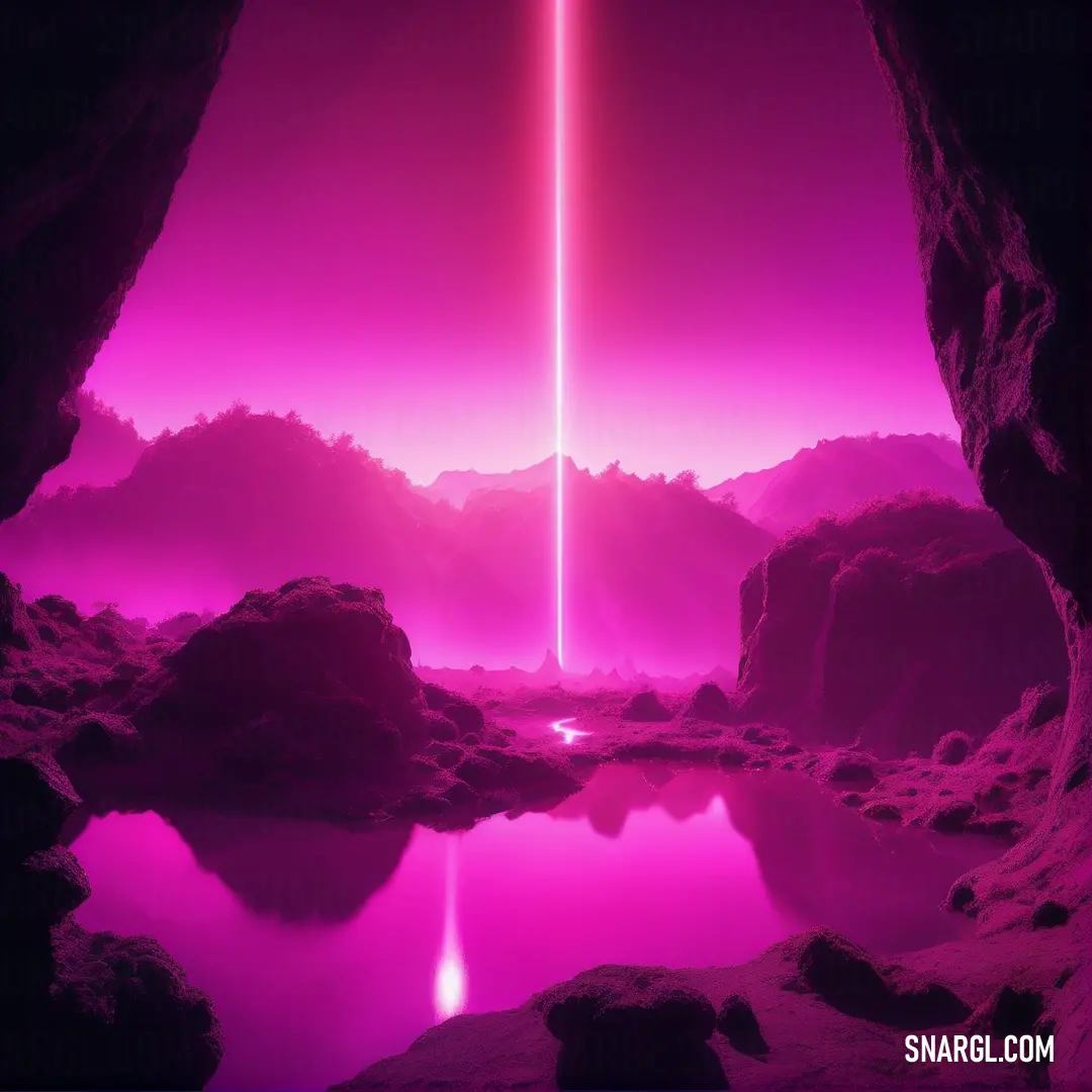 Pink light shines brightly in the distance from a cave entrance with a lake in the foreground. Example of #C71585 color.