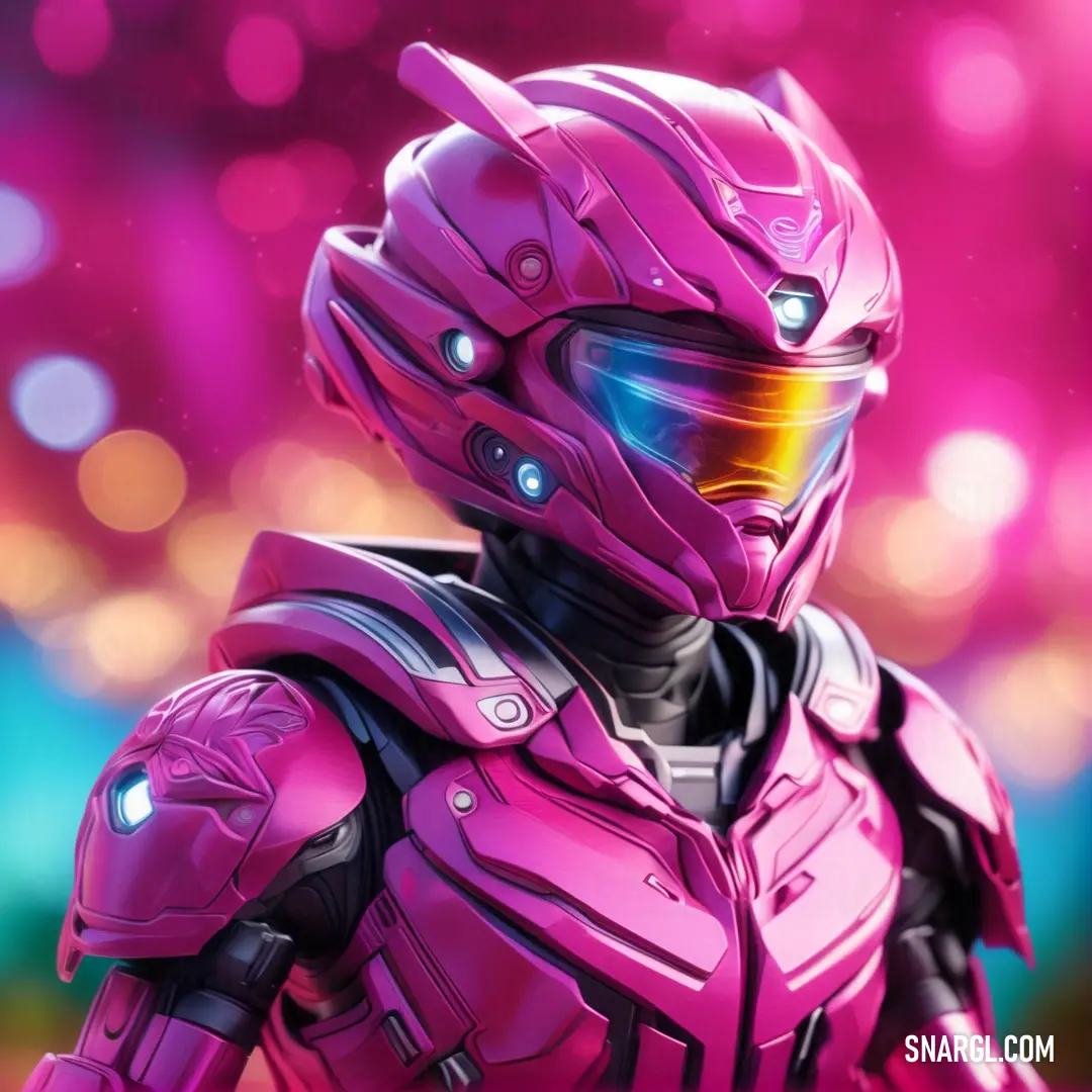 Pink robot with a helmet and goggles on is standing in front of a bright background with boke. Color #C71585.