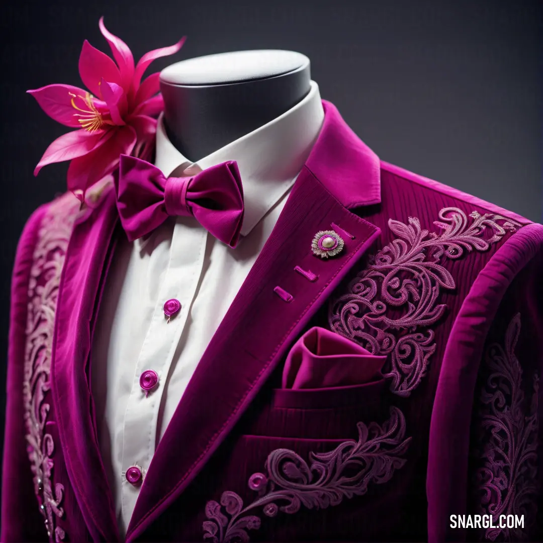 Purple suit with a flower on the lapel and a white shirt with a pink flower on the lapel. Example of RGB 199,21,133 color.