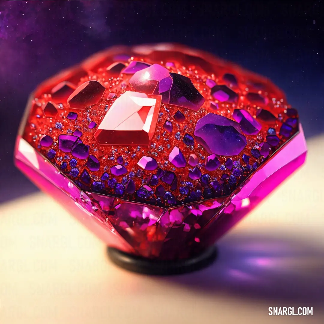 Red diamond with purple crystals on it on a table top with a purple background and a white background