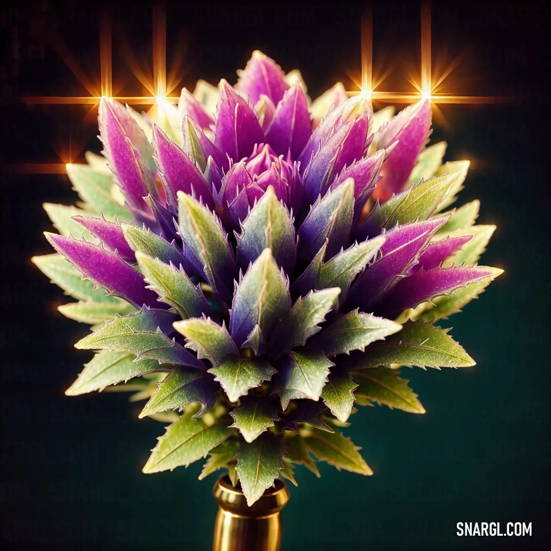 Purple flower with green leaves in a gold vase. Color Red-Violet.