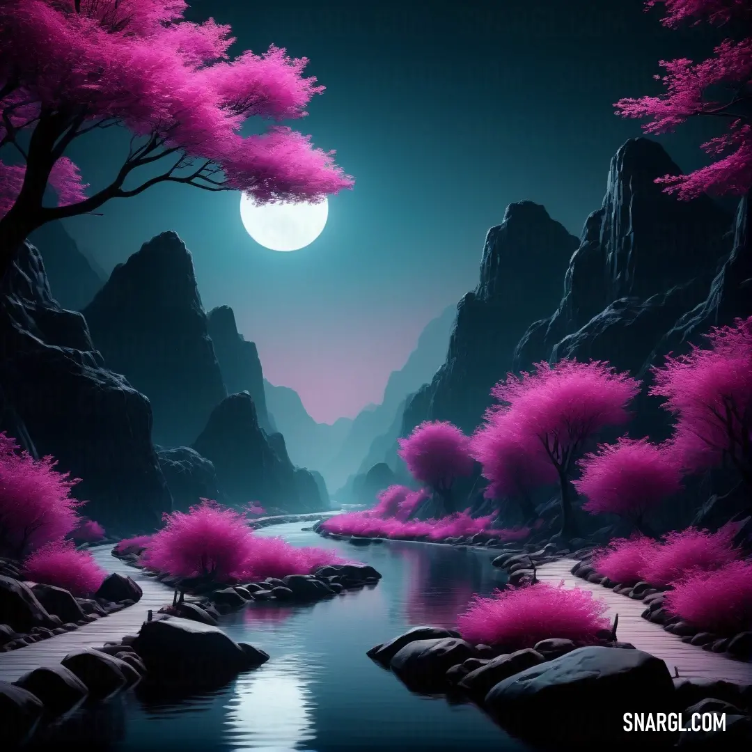 River with pink trees and rocks in the background at night with a full moon in the sky above. Example of RGB 199,21,133 color.