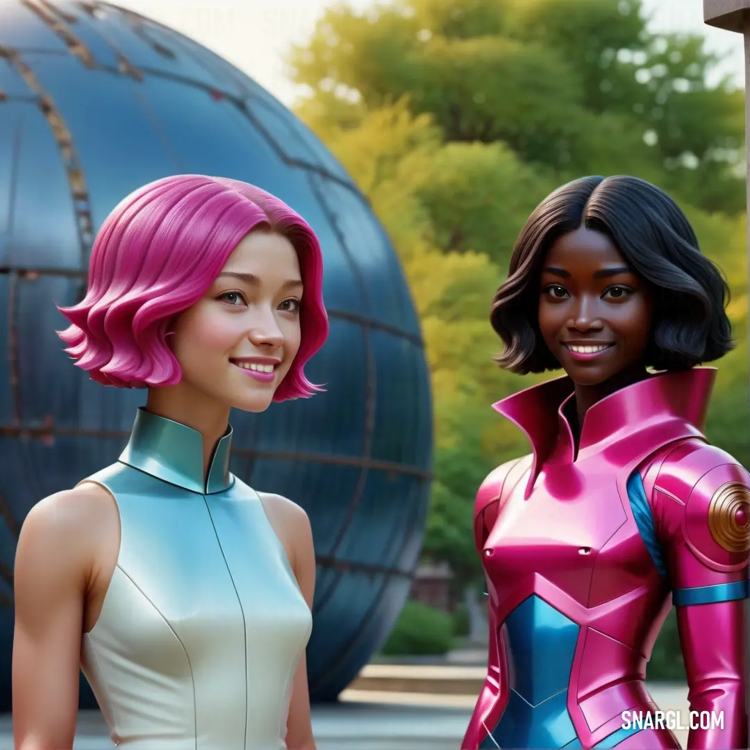 Two women in futuristic outfits standing next to each other in front of a blue and pink object