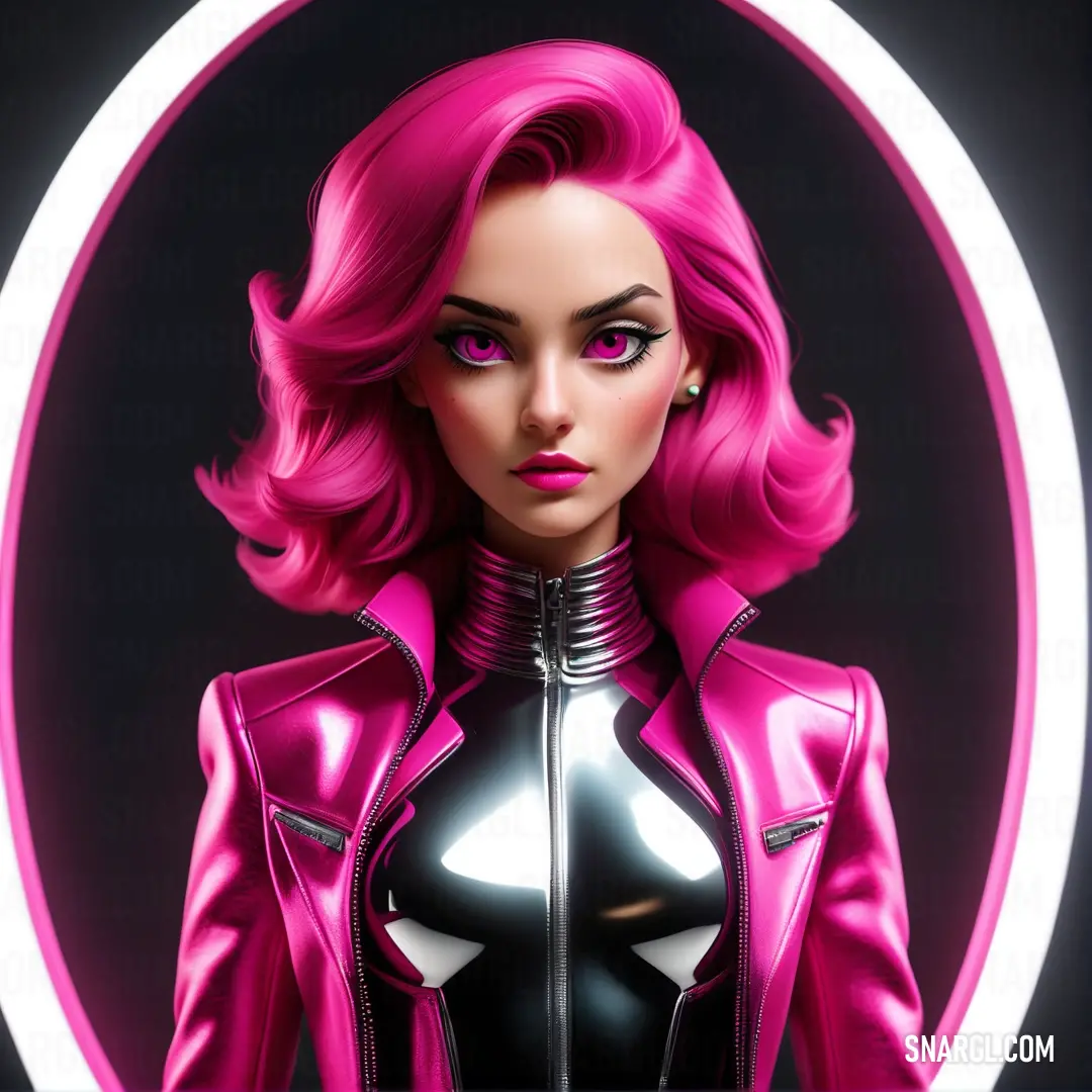 Red-Violet color example: Woman with pink hair and a black top in a pink circle with a neon light behind her