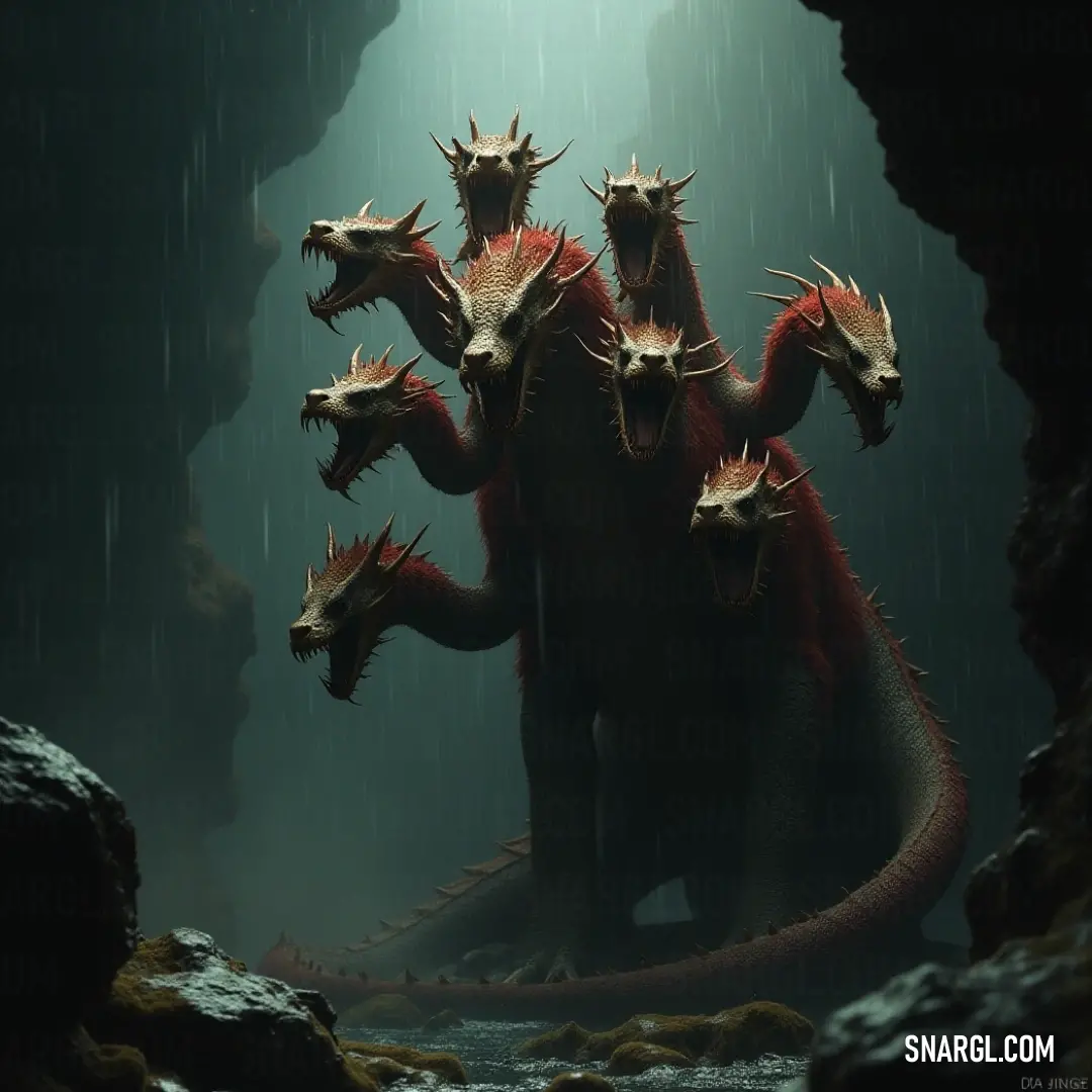 Amidst a cavernous space filled with cascading rain, a striking group of red and white Regal Hydra statues stands solemnly, evoking ancient tales, while a figure in the background adds an element of intrigue.