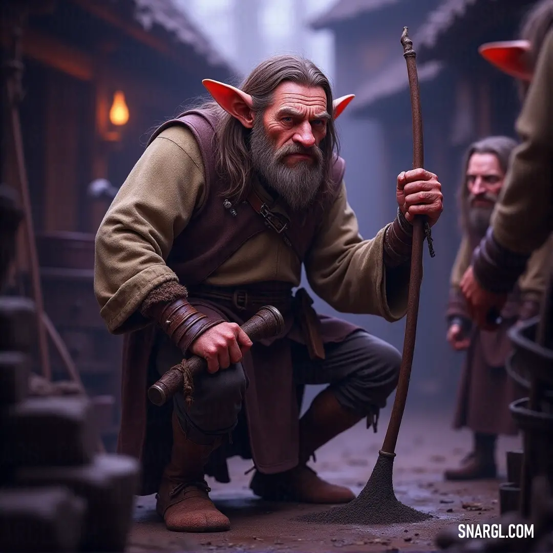 A seasoned warrior, with a thick, long beard and a weathered face, kneels beside a companion in a moment of quiet reflection. Holding a sturdy staff, his eyes seem focused on something distant, while his loyal comrade stands beside him in the rugged terra