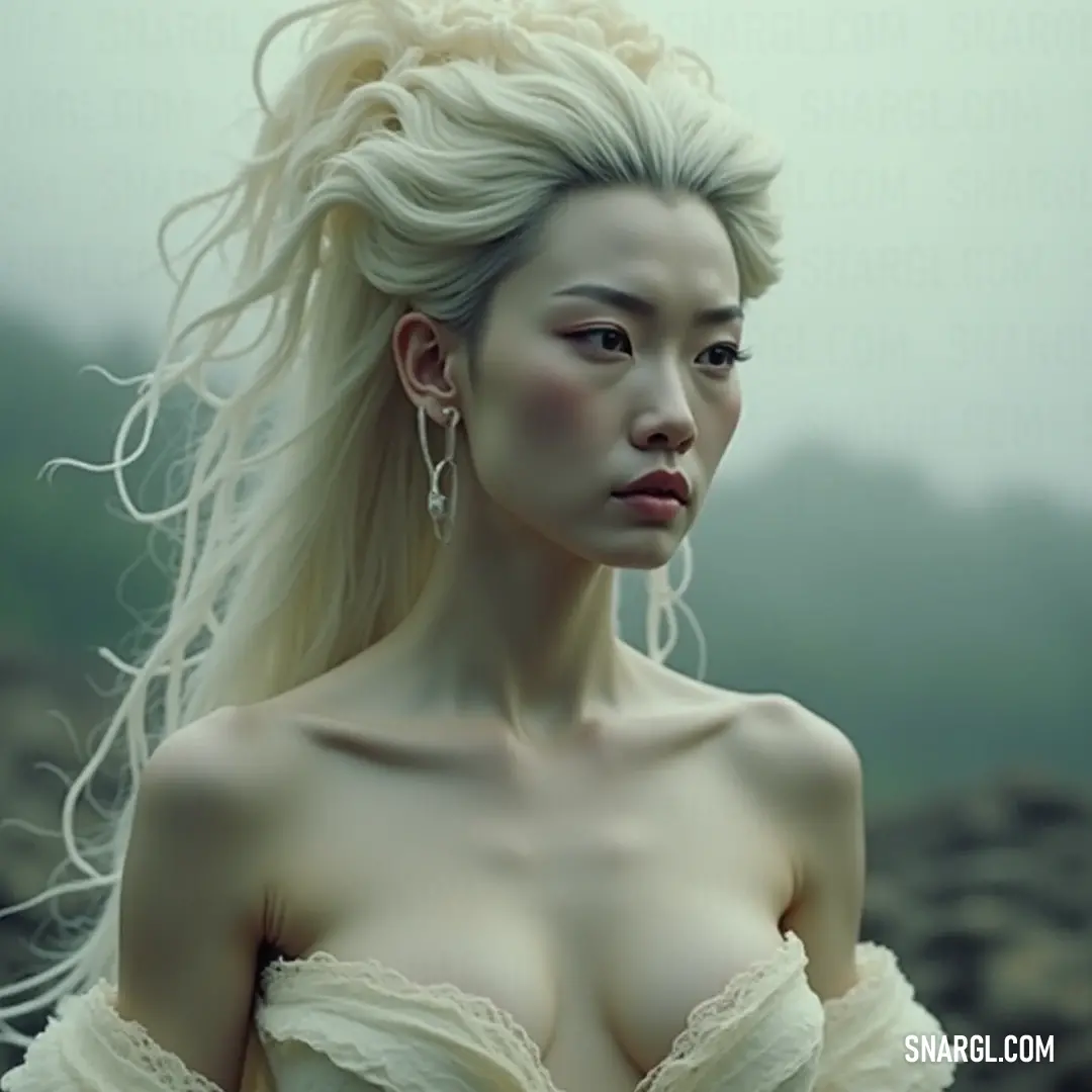 A captivating figure in a white dress stands on a rocky beach, surrounded by the enchanting mystery of foggy skies. A striking figure in a flowing white dress stands against a dramatic rocky beach backdrop, her long hair flowing in the ocean breeze as a foggy sky casts a captivating atmosphere, evoking feelings of nostalgia and mystery.