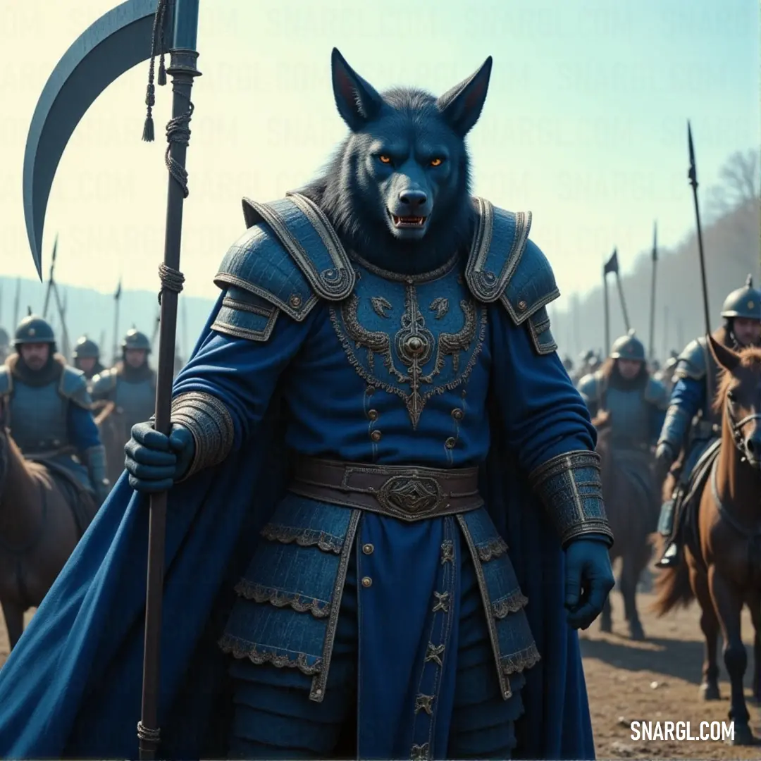 A group of blue-clad riders, mounted on horses with a wolf companion, charge across the land, with one rider at the forefront, exuding strength and focus in their blue attire. A group of men, clad in blue armor, ride horseback across a vast landscape. A wolf rides beside them, and one rider stands out with a distinctive blue outfit, their expression fierce and determined.