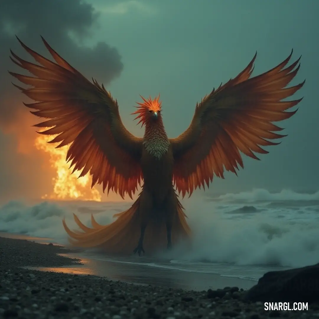 A rekindling phoenix spreads its wings wide as it stands on a beach at night, with the moonlight casting a brilliant reflection on the water. The bright yellow light illuminates the dark sea, creating a magical, ethereal scene.